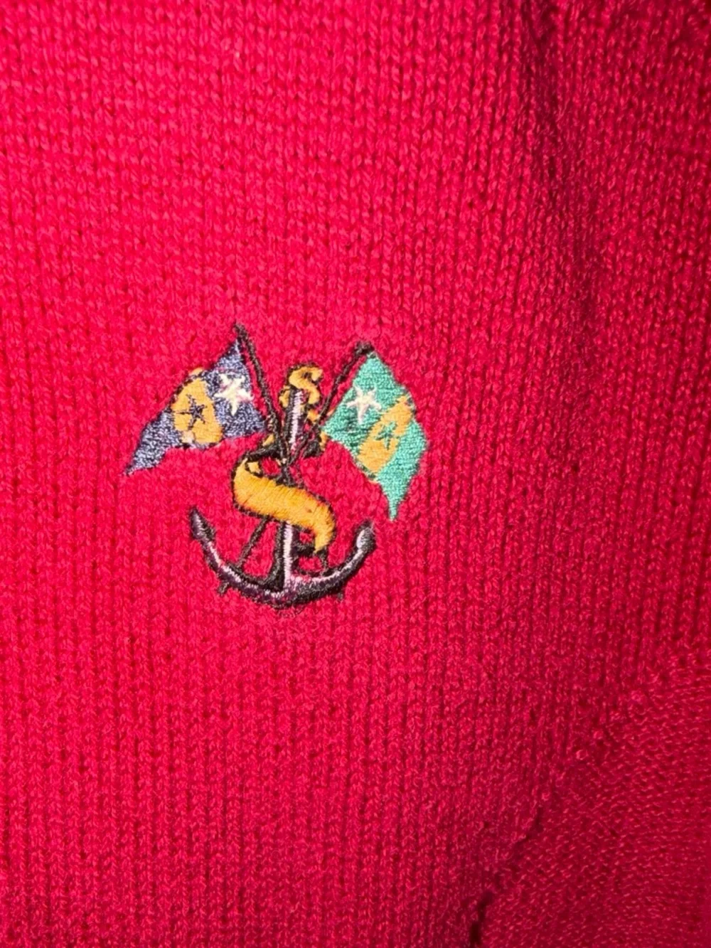 Men's Red Crewneck Sweater with Embroidered Shield Detail